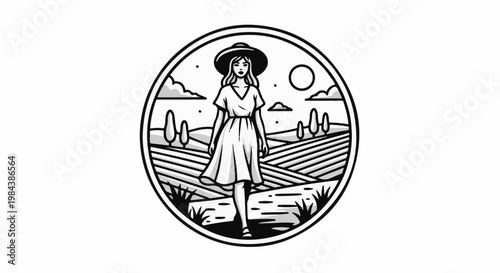 Woman in a hat walks through a stylized landscape of fields
