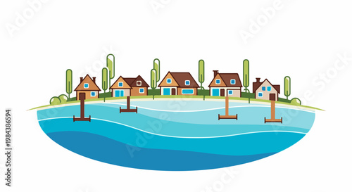 Whimsical waterfront homes with trees and docks over blue water