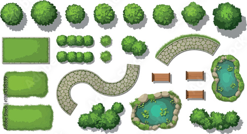 Landscape design elements top view, garden map creator with green trees and bushes, stone paths and pond vector set for park planning isolated PNG with Transparent Background