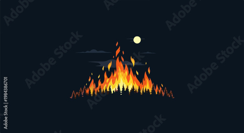 A vibrant bonfire illuminates a pixelated forest under a moonlit night sky