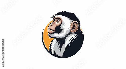 A stylized monkey head with white and black fur, looking left