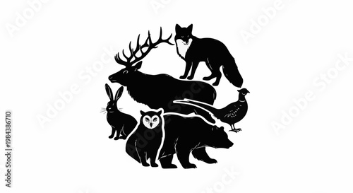 A circular arrangement of woodland animals in black silhouette on a white background