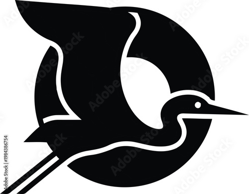 A stylized black silhouette of a heron or wading bird flying in front of a simple circle