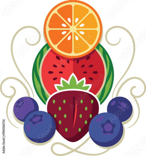 Colorful arrangement of fresh summer fruits like orange strawberry watermelon and blueberries