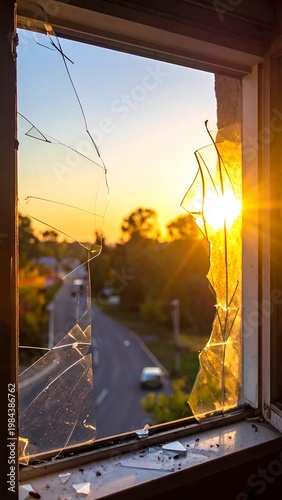 Shattered window with sunset.