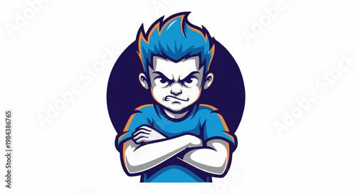Angry cartoon boy with spiky blue hair and crossed arms