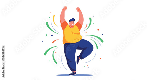 A vibrant flat vector illustration of a cheerful plus-size man dancing with his arms up, celebrating success and body positivity.