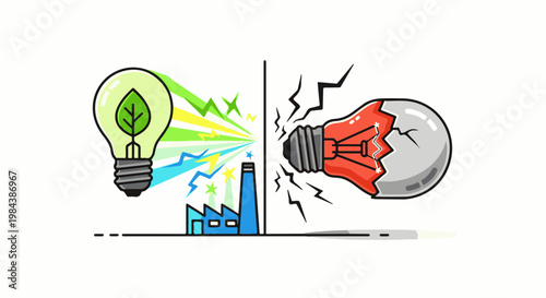 Lightbulb with leaf and factory contrasting with broken lightbulb