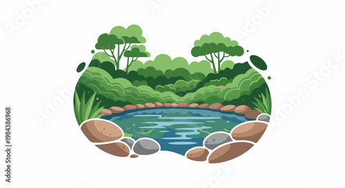 Lush green forest scene surrounds a serene pond with rocks and plants