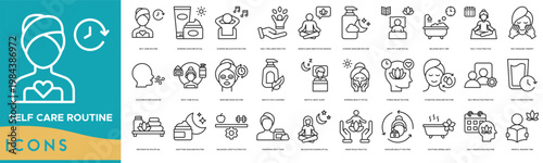 Self Care Routine icon set. Morning Skincare Ritual, Evening Relaxation Routine, Daily Wellness Practice, Mindfulness Meditation Session, Evening Skincare Routine and Healthy Sleep Ritual