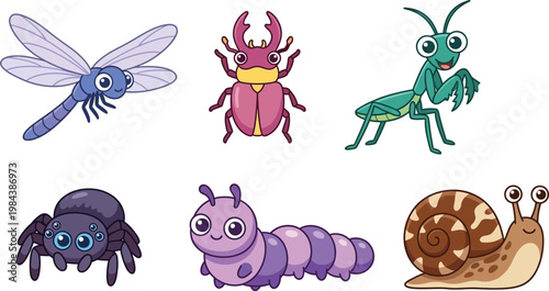 Six cute cartoon insects and garden creatures including a dragonfly a stag beetle and a snail