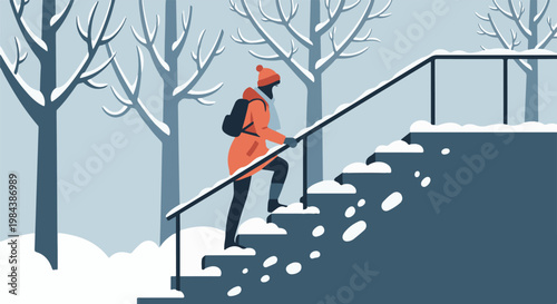 Person in orange coat climbs snowy stairs past bare trees in a winter scene