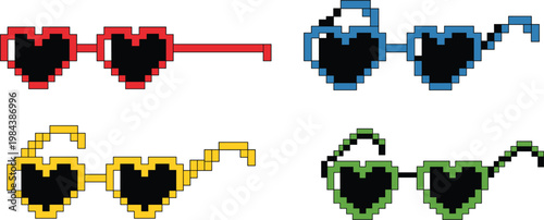 Pixel heart sunglasses set, retro 8bit love eyewear icons, colorful fashion glasses vector illustration collection