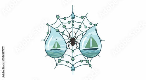 Spiderweb with two water droplets containing sailboats, centered