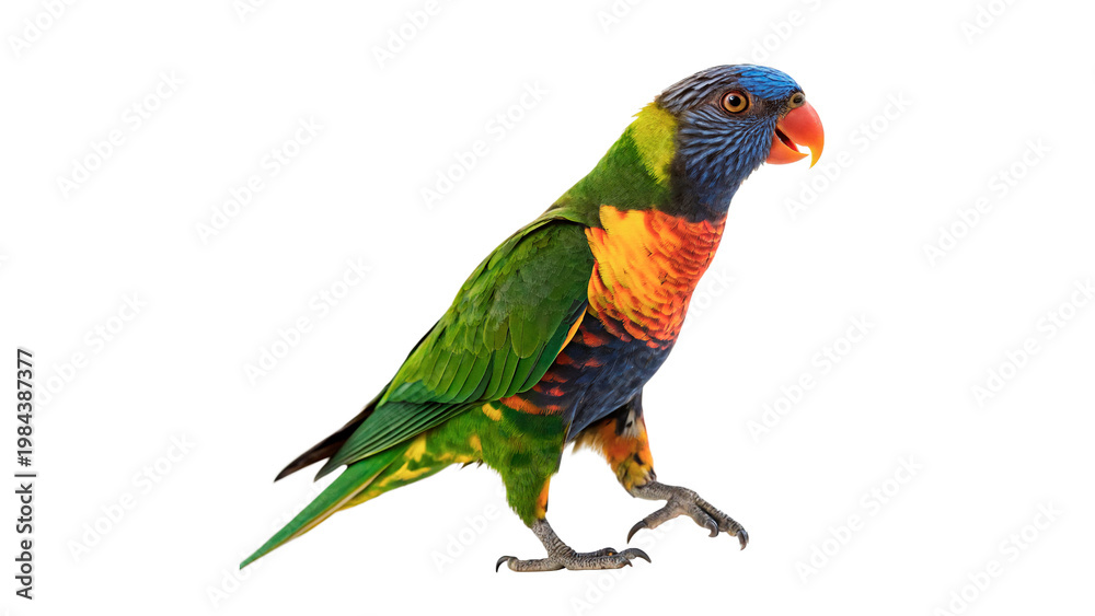Fototapeta premium Colorful parrot standing on its feet isolated on transparent background cut out