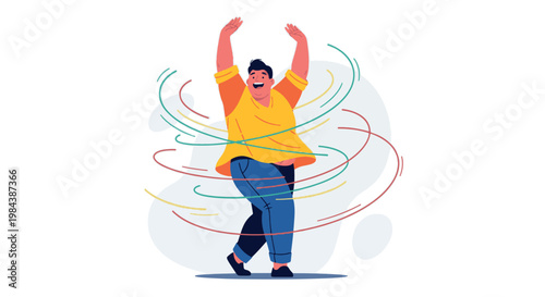 A vibrant flat vector illustration of a happy plus size man dancing with energetic swirls, celebrating body positivity and pure joy.