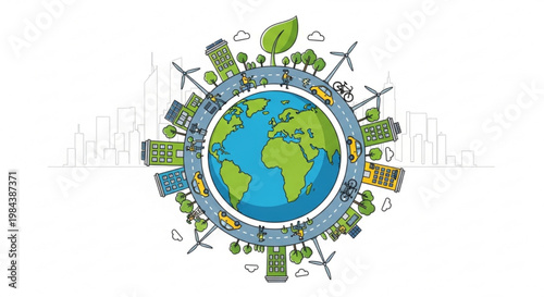 Earth surrounded by eco friendly cityscape wind turbines and green trees on white background symbolizing sustainable living and environmental conservation