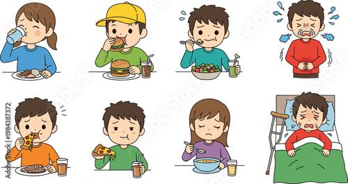 Cute Characters Eating Different Meals, Drinking Beverages, Feeling Sick, and Lying in Bed, Expressing Various Emotions for Lifestyle Designs