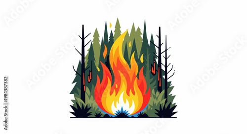 Stylized forest fire with vibrant flames against a backdrop of dark green pines