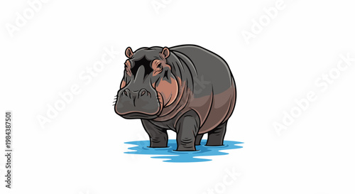 Stylized illustration of a large, gray hippopotamus standing in shallow blue water