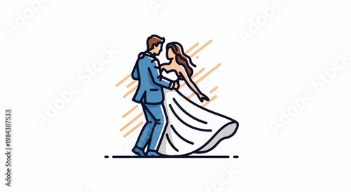 Stylized wedding couple dancing in formal attire with flowing gown