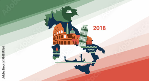 Stylized map of Italy with famous landmarks, a gondola, and year 2018