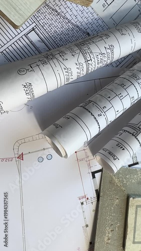 Architectural floor plan with interior design materials, color palette, fabric samples and drafting tools for home renovation project planning.

