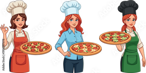 Female chef characters holding pizza illustration set with professional cooks in uniform serving italian food restaurant concept design