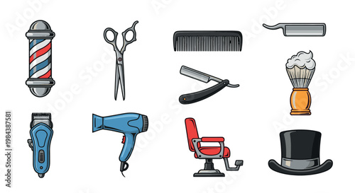 A comprehensive collection of classic barbershop equipment icons, including scissors, razors, and a barber pole, perfect for grooming and hair care designs.