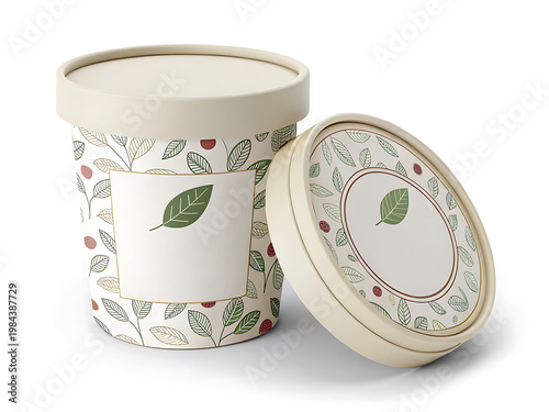 Empty ice cream tub packaging, round container with lid, blank label, isolated on white background