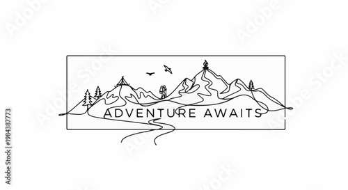 A minimalist illustration of mountains, a camper, a winding path, and birds in flight