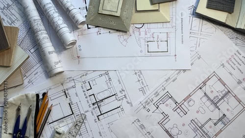 Architectural floor plan with interior design materials, color palette, fabric samples and drafting tools for home renovation project planning.

