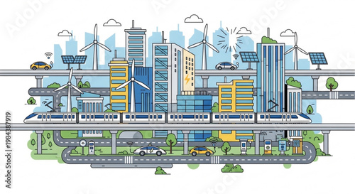 Sustainable cityscape with green technology and eco friendly infrastructure featuring wind turbines solar panels and electric vehicles on a clean and modern urban landscape