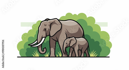 A large elephant and a calf walk past lush green foliage and grass