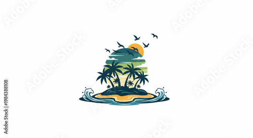 Tropical island scene with palm trees, ocean waves, and birds at sunset