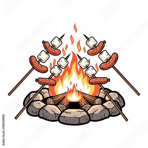 Campfire with sausages and marshmallows on sticks vector illustration for outdoor camping and bonfire party concepts