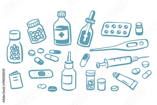 Medicine set naive doodle vector illustration