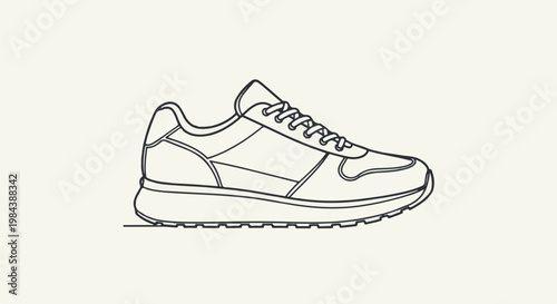 A minimalist line drawing of a classic athletic sneaker in profile