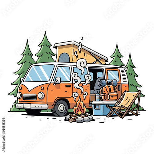 Vintage orange camper van with pop up roof tent parked in a pine forest with a campfire vector illustration