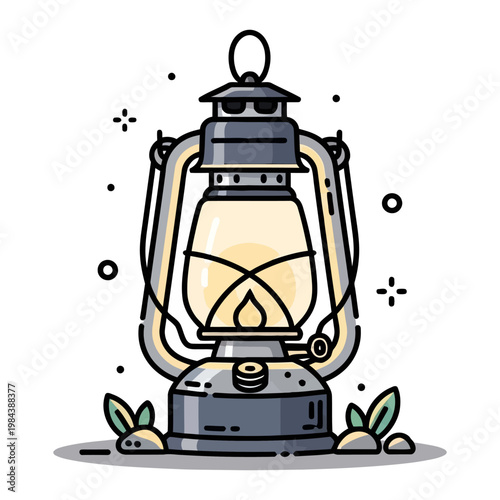 Vintage kerosene lantern vector illustration with glowing flame for camping and outdoor adventure design