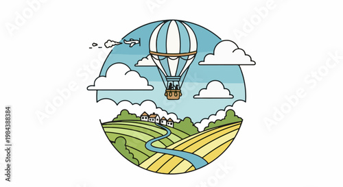 A hot air balloon floats over rolling hills with a winding river and houses