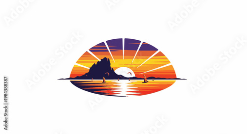 Sunset over the ocean with mountains and windsurfers reflected
