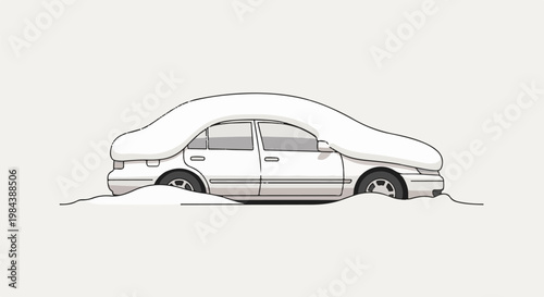 White sedan covered in thick snow, wheels partially buried