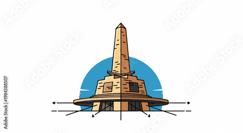 Stylized obelisk monument with tiered base against a blue half-circle