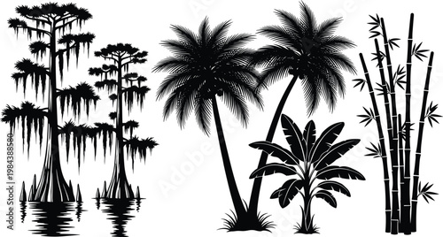 Tropical and Swamp Tree Icon Set Featuring Palm, Bamboo, Cypress, and Exotic Plant Silhouettes for Nature, Landscape, and Botanical Designs