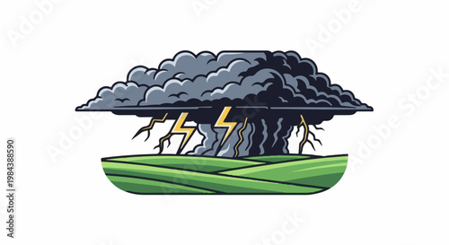 A dark, menacing storm cloud unleashes lightning over rolling green hills