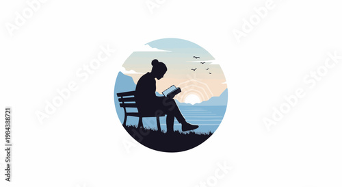 Woman reading on bench by lake at sunset, with mountains and birds