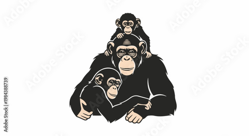 A family of chimpanzees, with a baby on top and one to the side