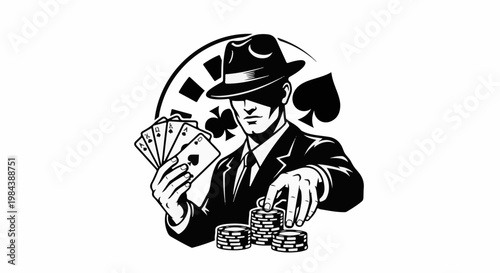 Stylized man in hat and suit holds cards and stacks of chips, playing cards