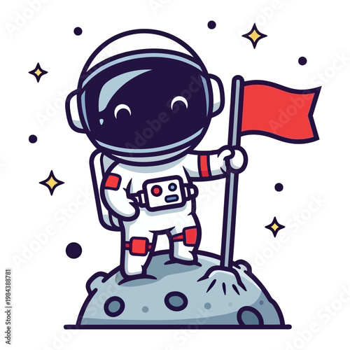 Cute cartoon astronaut holding a red flag on the moon surface vector illustration for space exploration and discovery